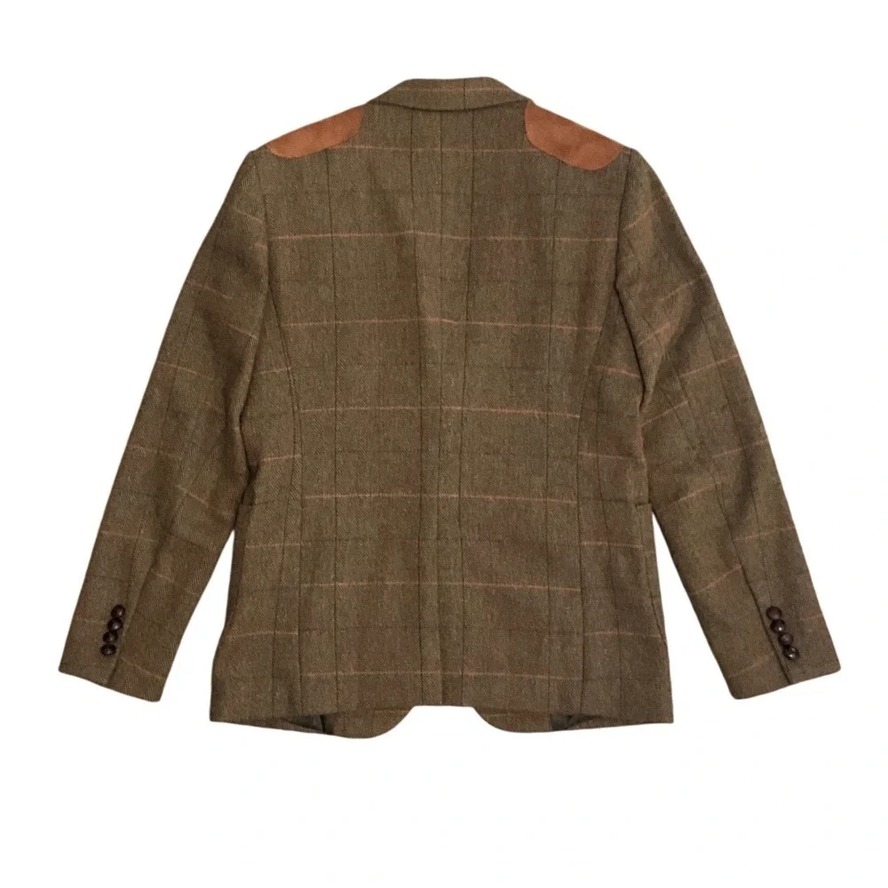 PJ Paul Jones Mens Tweed Plaid Wool Blend Blazer Elbow Patch Brown Size S Jacket
